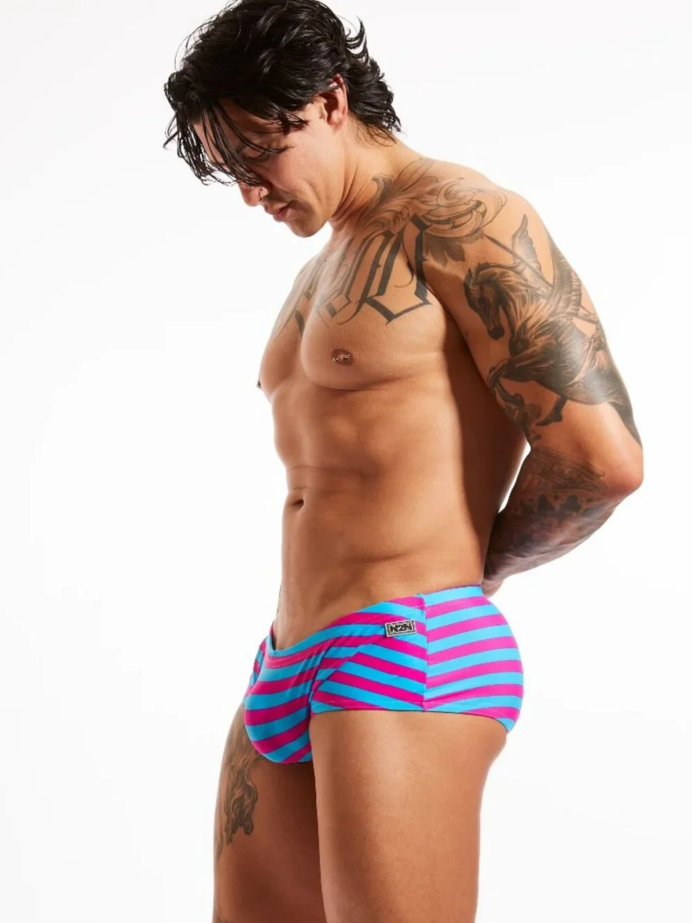 N2N Bodywear Prime Stripe Swim Trunk (PS51) - Blue / Neon Pink